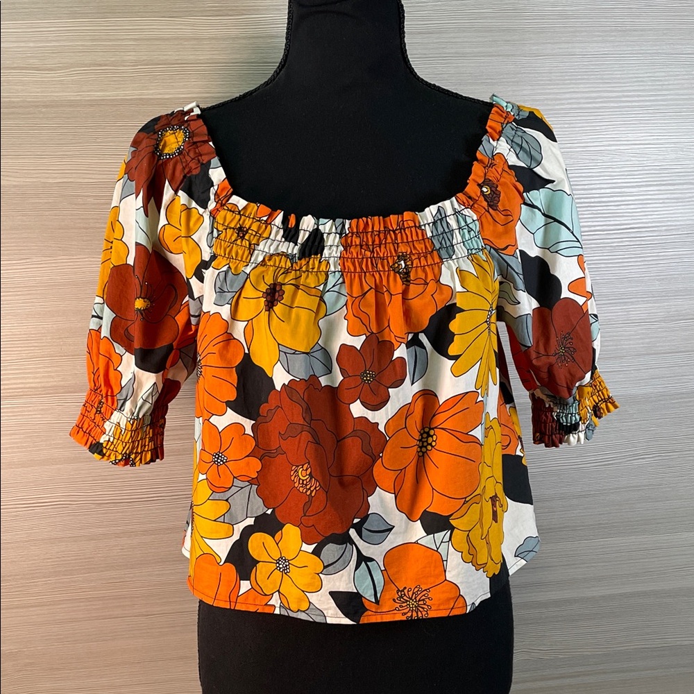 BB Dakota Steve Madden NEW Floral Crop Blouse Square Neck Orange, Yellow, Brown
